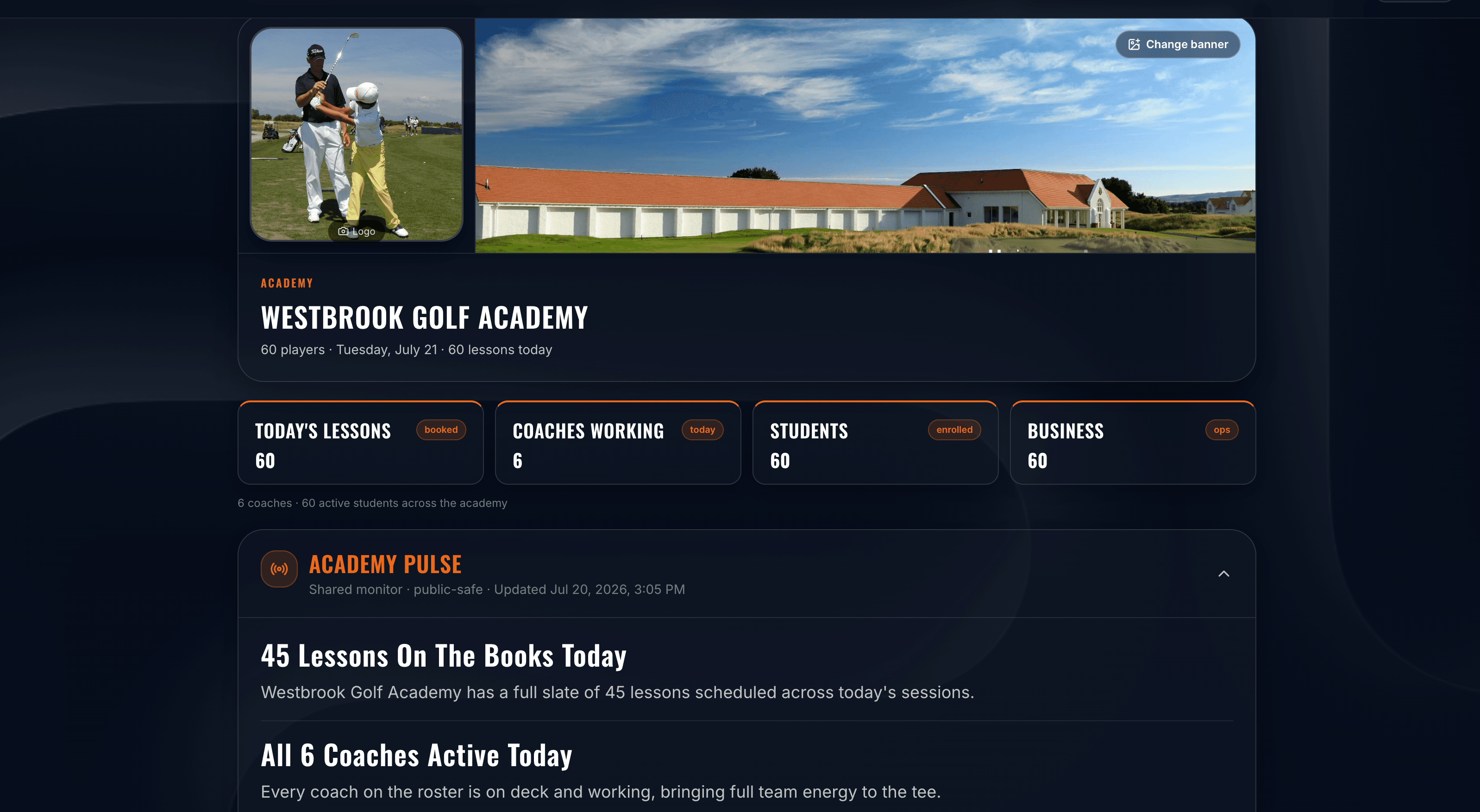 GolfCoachOS academy dashboard showing a connected view of coaches, players and operations