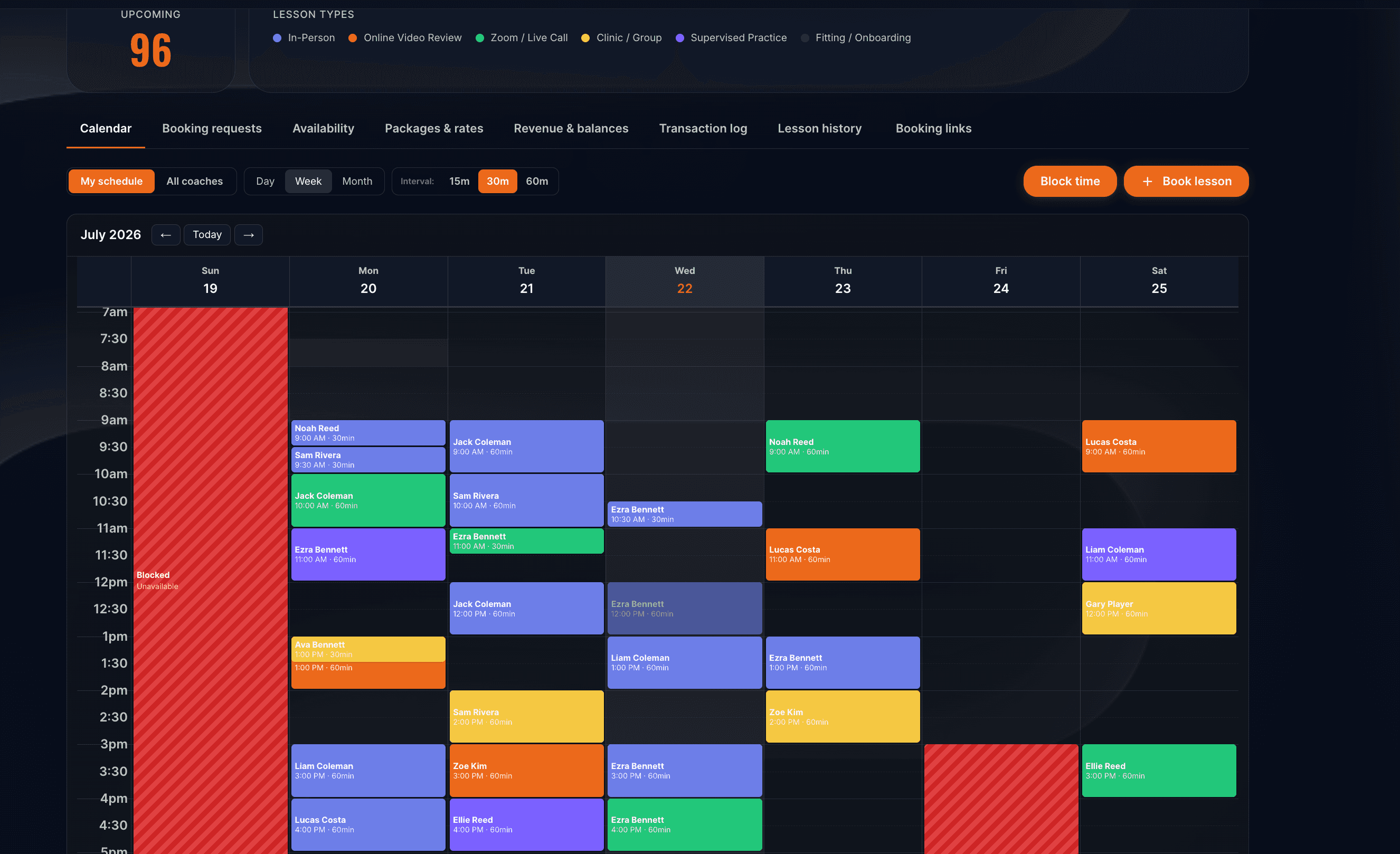 GolfCoachOS golf coaching scheduler showing lessons and recurring work