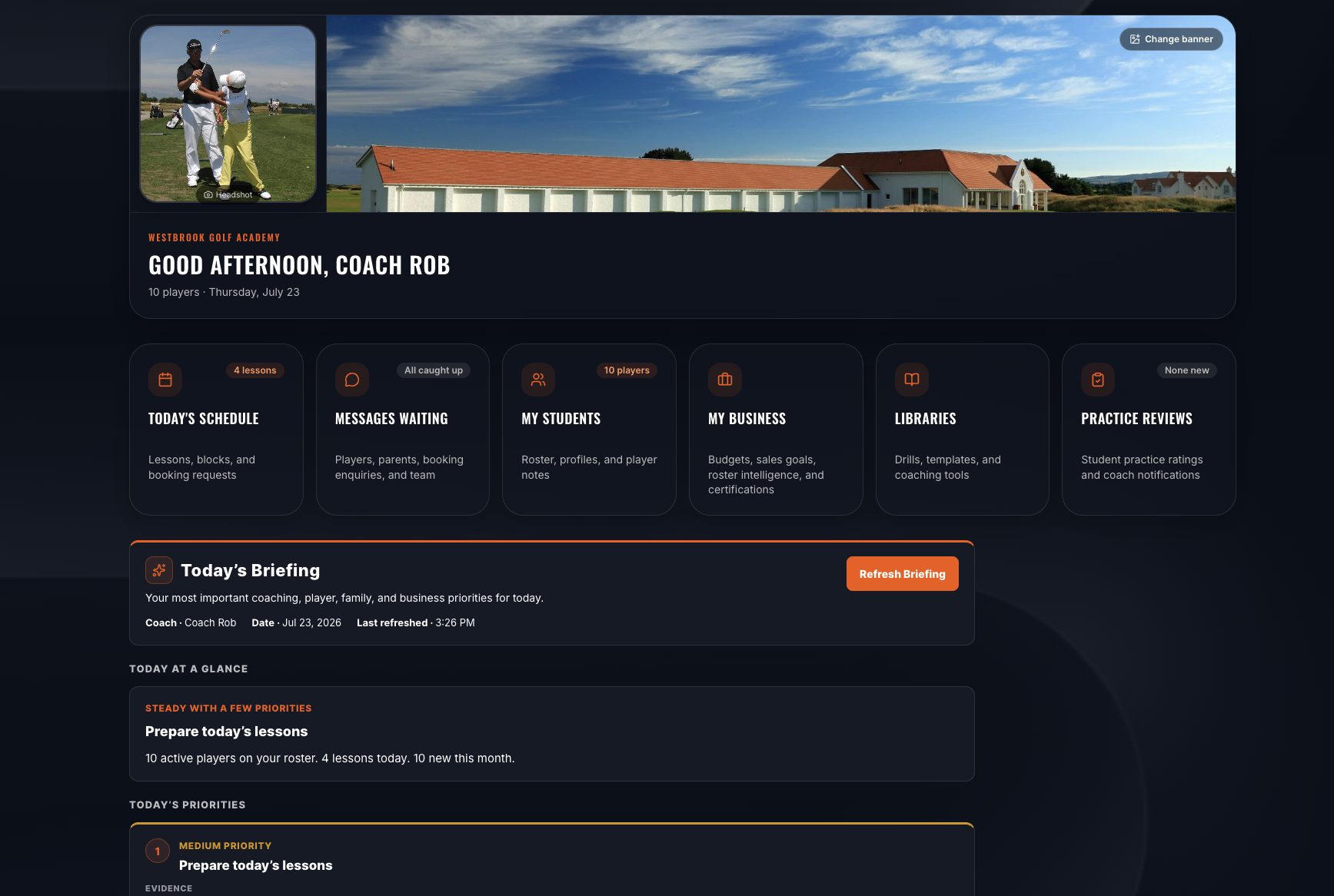 GolfCoachOS Coach Dashboard — Good Afternoon, Coach Rob