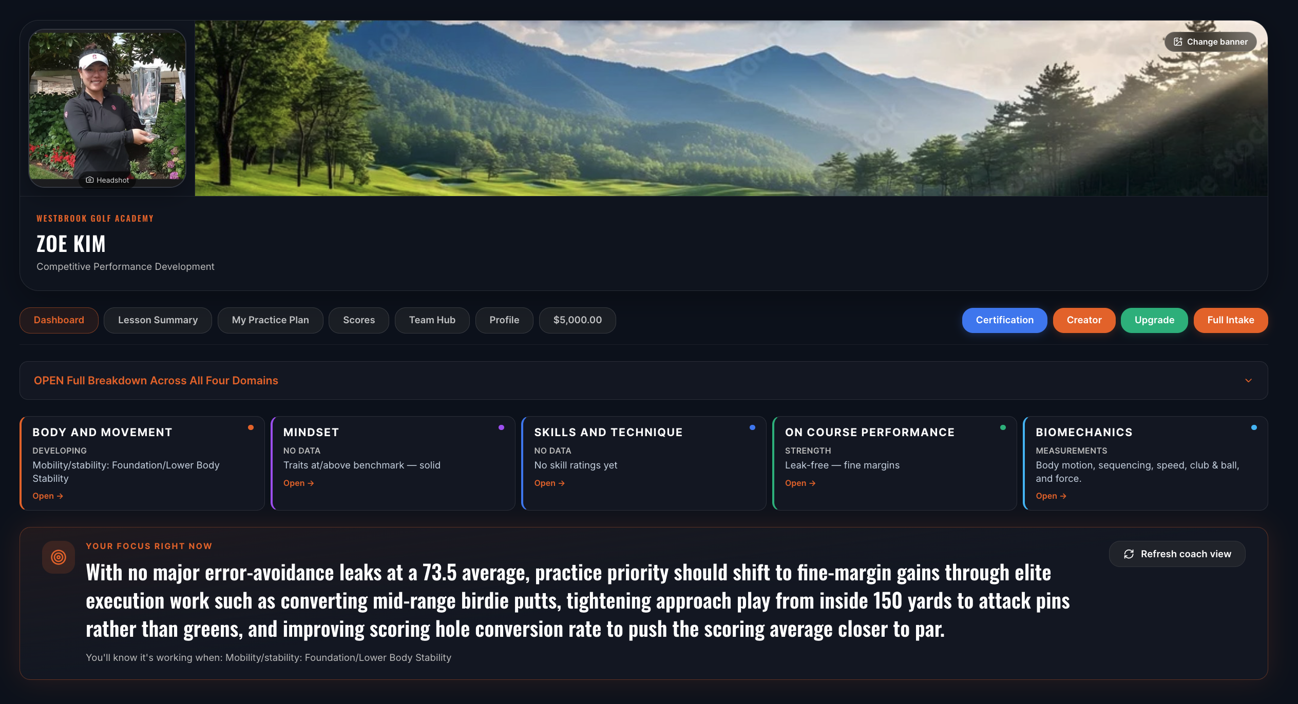 GolfCoachOS Player Dashboard — long-term development overview